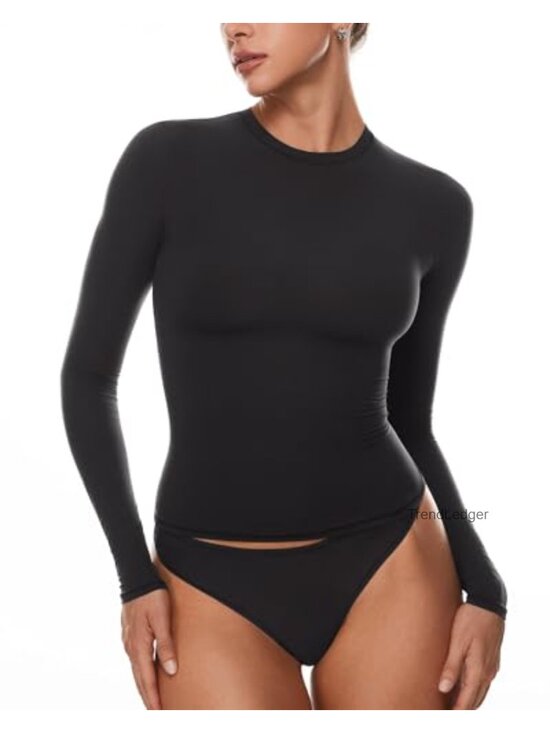 Tops - Women's Crew Neck Long Sleeve T-Shirt Stretch Slim Fit Crop Top